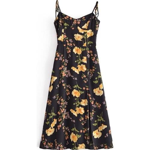 Retro small floral print dress high waist sexy side slit hem suspender dress charming cocktail dress