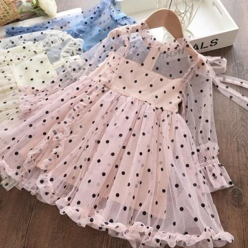 Cute Girls Dress Spring/Summer Fashion Polka Dot Mesh Ruffles Design Princess Party Dresses For Baby Girl 90-130CM LM055