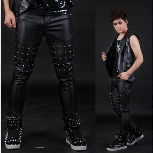 Stage personality men leather pants casual pant men pu trousers singer dance rock fashion pantalon homme punk novelty rivets