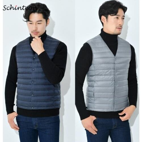 Schinteon Men Light Down Vest Gielt Casual Waistcoat Spring Autumn White Duck Down Jacket Male V-neck Sleeveless Coat Liner Vest