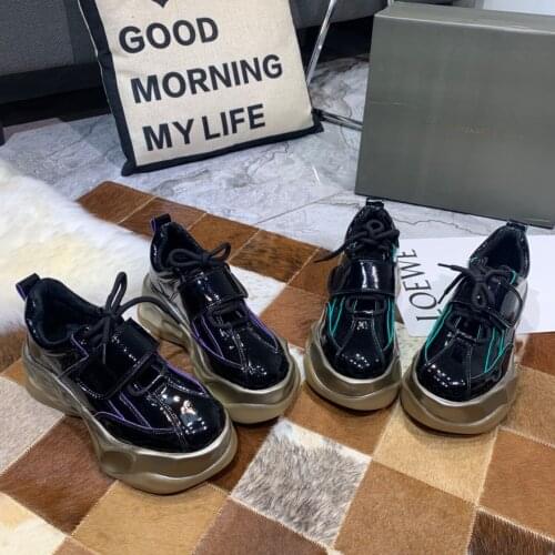 2020 new womens shoes patent leather shiny surface velcro platform shoes lace-up casual sports shoes female old shoes