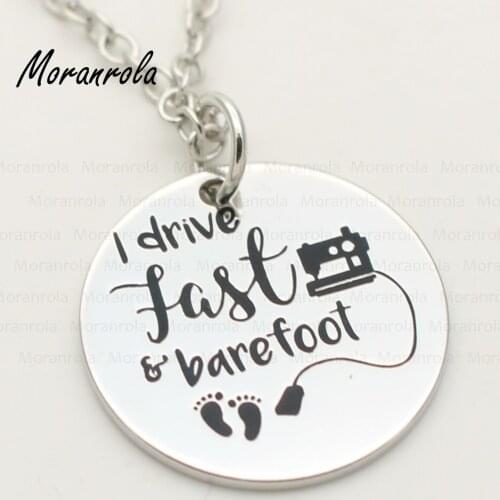 New arried "I drive fast & barefoot " Copper silver necklace &Keychain, quilter sewing lover Jewelry fun quote