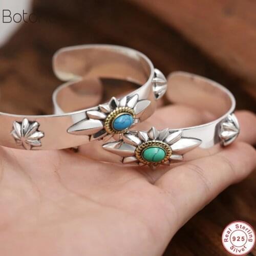 Wholesale S925 Sterling Silver colour Jewelry Engraved Takahashi Goro Simple Turquoise Smooth Buds Men Women Open Ended Bangle
