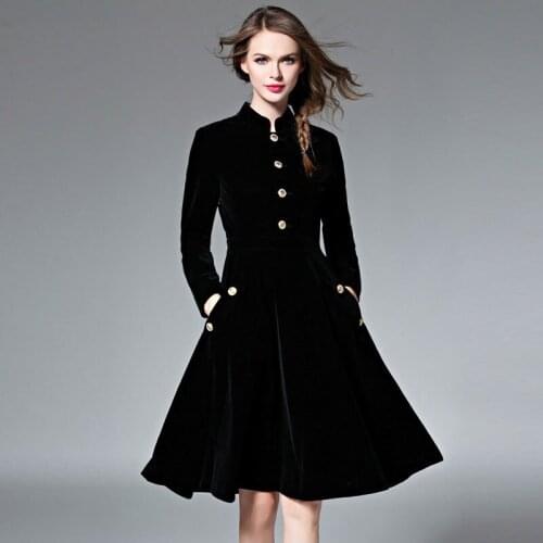 Autumn and winter new European and American fashion retro temperament Slim Single-breasted black long sleeve velvet dress AL804