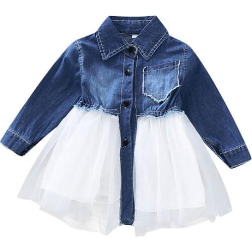 Toddler Kids Baby Girl Dress Autumn Denim Patchwork Long Sleeve Mesh Princess Dress 0 1 2 3 4 Years Girls Winter Sweet Clothing