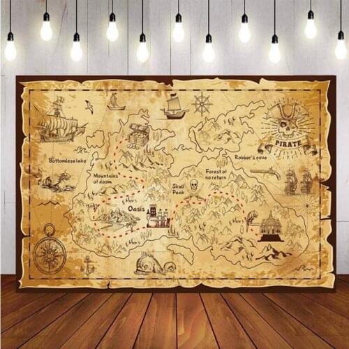Pirate Treasure World Map Backdrop Kids Happy Birthday Party Photography Background Photo Studio Supplies Decor Banner