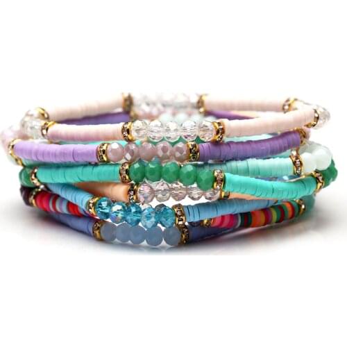 Colorful African Vinyl Beads Heishi Stretch Bracelet Women Boho Macaron Color Sparkling Faceted Crystal Spacer Beads Bracelets