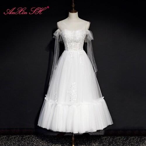 AXJFU Luxury princess white lace evening dress party vintage illusion beach o neck big bow rose evening dress little white dress