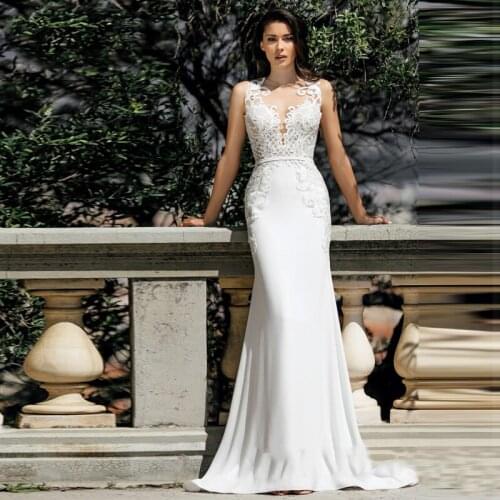 Modest Soft Satin Mermaid Wedding Dresses With Lace Appliques Sheer Bridal Dress Illusion Back Vestido De Noiva 2021 Bride Gowns