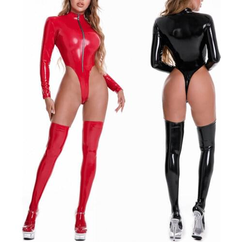 Metelam Sexy Women Fashion Latex Leather Wet Look Bodysuit Lingerie High Cut Thong Leotard + Stockings Romper Playsuit
