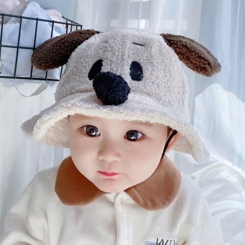1-3T Toddler Baby Boy Girl Hat Cartoon Dog Bucket Hat Fur Plush Autumn Winter Warm Children Kids Hats and Caps Beige Accessories