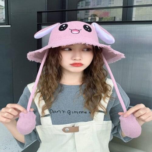 Hat With Moving Ears Student Cute Rabbit Ears Hat Net Red Hat With Fisherman Hat Basin Hat Thin Summer