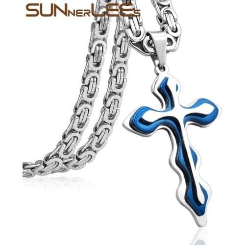 SUNNERLEES Stainless Steel Jesus Christ Cross Pendant Necklace Byzantine Link Chain Silver Color Gold Plated Men SP203