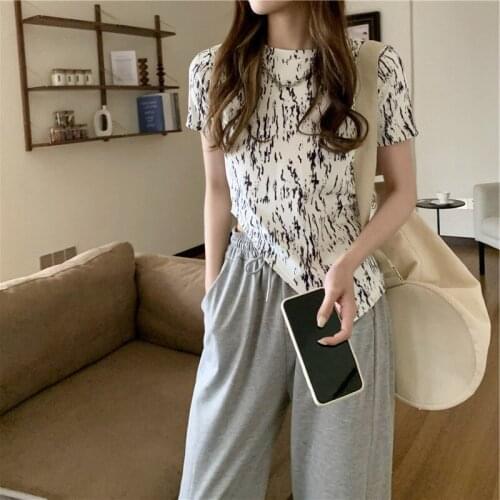 Irregular Crop Top T Shirt Women 2021 Summer New Tie Dyed Korean Style Tops Bareback Slim Design Womens Short Sleeve Tees