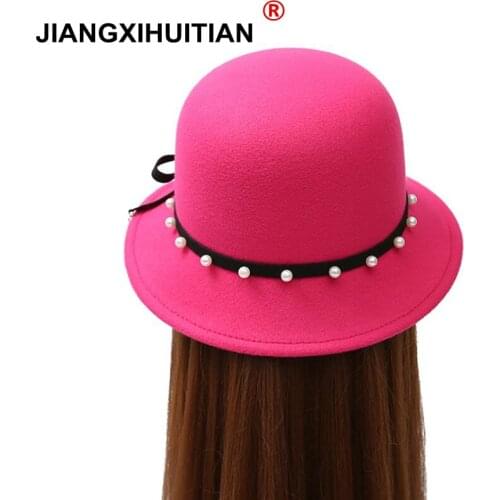 2017 fashion Australian Woolen Fedora Hat bowknot Pearl pendant Noble Bowler Hats For Women Wide Brim Formal Church Cloche Hat