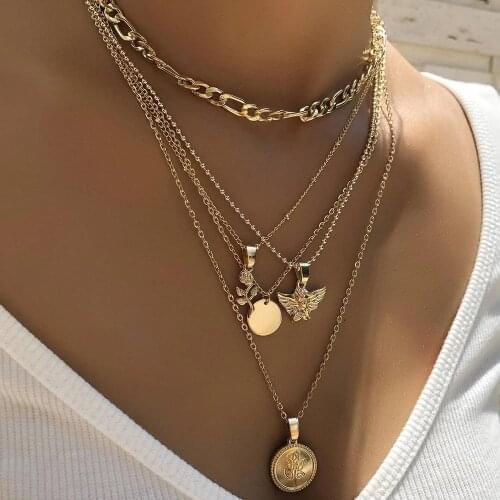 Vintage Multi-layer Coin Flowers Chain Choker Necklace For Women Gold Silver Color Angel Pendant Portrait Chunky Chain Necklaces