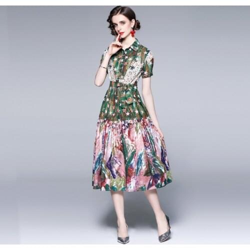 Summer Runway Shirt Dress Womens Turn Down Neck Art Stars Graffiti Lace up Belt Holiday Midi Dress k8155