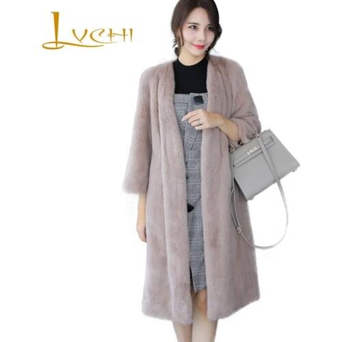 LVCHI Winter 2019 Loss Causal Import Office Lady Real Mink Fur Coat Womens V-Neck Nine Quarter Coat Draped Medium Mink Coats