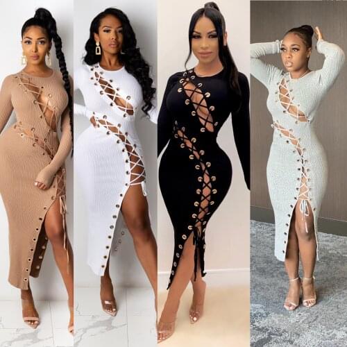 2021 Summer New Sexy Fashion Hollow Solid Color Machine Eye Strap Long-Sleeved Dress