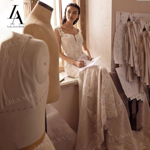 LelaAcra Sleeveless Wedding Dress 2022 Beading Appliques Backless Mermaid Plus Size Princess Bride Gowns R105 Vestido de Noiva