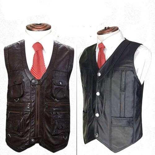 2020 winter Cowhide Genuine Leather Vest Men Brown Waistcoat Male Sleeveless Jacket Thick Motorcycle Vest Multi Pocket Zipper