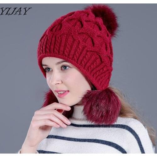 Winter double-deck bonnet beanies three rabbit hair ball ear protection warm rabbit fur knitted hat for women plus velvet cap