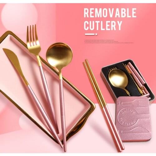 Gold/Pink/Silver Cutlery Set Forks Knives Spoons Chopsticks Stainless Steel Dinner Dinnerware Set Portable Folding Tableware