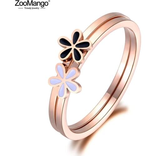ZooMango Trendy White/Black Double Flowers Ring Jewelry For Women Rose Gold Stainless Steel Anniversary Rings Anneaux ZR19009