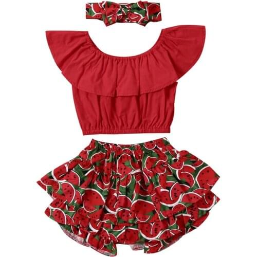 2020 Summer Fashion Toddlers Kid Baby Girls Clothes Set Ruffle Crop Top+Watermelon Shorts Headband 3pcs Children Clothes Outfits
