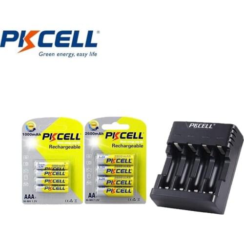 PKCELL 4Pcs/1Cards 2600mAh AA Rechargeable Battery +4Pcs/1Card AAA 1000mAh 1.2V NI-MH Rechargeable Battery With 1-4Slots Charger