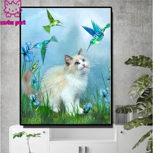 Needlework Diamond Painting Cat and Hummingbird Pictures Mosaic Cross Stitch Handmade DIY Diamond Embroidery Home Decor Gift