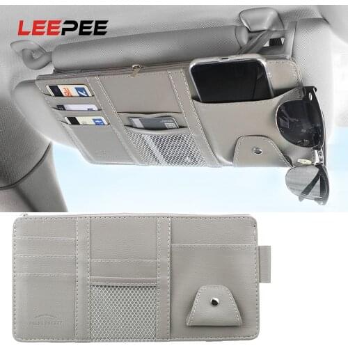 LEEPEE Leather Car Sun Visor Bill Card CD Phone Holder Sunglasses Clip Sun Visor Storage Pouch With Zipper Storage Box