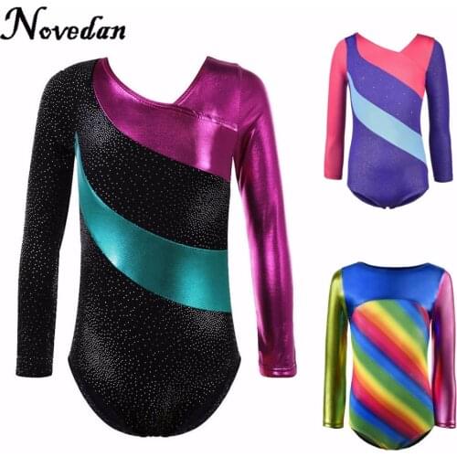 Kids Child Rhythmic Gymnastics Leotard For Girls Shiny Metallic Rhinestone Dance Ballet Leotard Dress Long Sleeve Gym Leotard