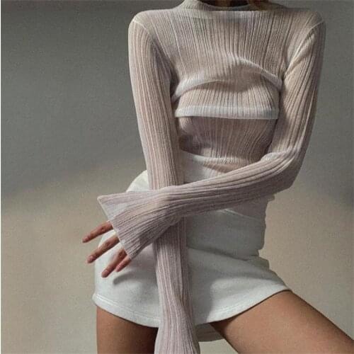Hirigin Autumn Women Sexy See-through Mesh Sheer T-shirts White Solid Color Turtleneck Long Sleeve Tops Slim T-shirts 2021 New