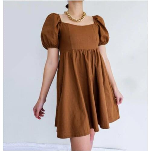Holiwind 2021 Solid Color Lantern Sleeve Dresses for women 2021 A-line Summer Dress Pure Cotton Short Dress Chic Party Dress