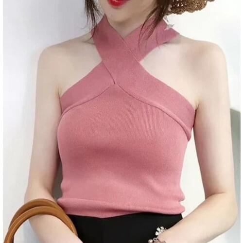 Sexy Women Knitted Criss Cross Halter Backless Tank Tops Summer Fashion Girls Slim Knitwear Bandage Cropped Tops Lady Vests