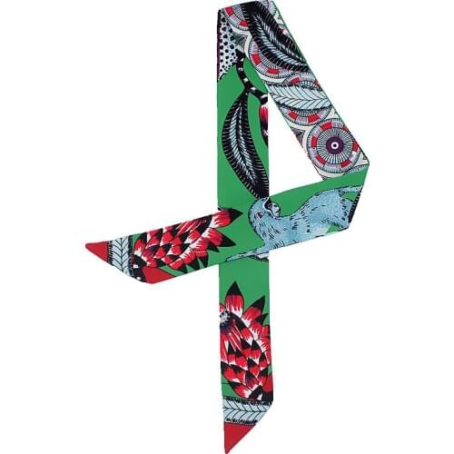 POBING Fashion Cute Monkey Feather Print Silk Scarf Women Brand Scarf Bag Ribbons Hot Sale Head Scarf Small Long Scarves 100*5CM