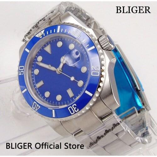 BLIGER 40mm Blue Sterile Dial Ceramic Rotating Bezel Luminous Marks Sapphire Crystal Miyota Automatic Movement Mens Watch B1