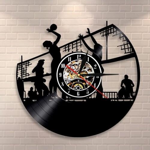 Volleyball Wall Clock Beach Volleyball Players Vinyl Record Wall Clock Team Sports Wall Art Home Decor Vintage Clock Gift