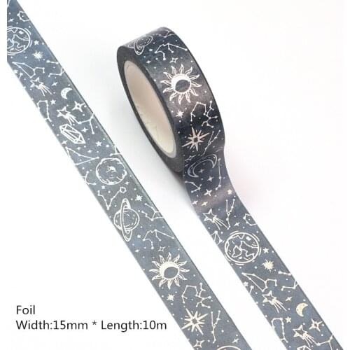 NEW 10pcs/lot 15MM*10m Silver Foil Starry Sky Moon Stars Washi Tape Scrapbooking Masking Tape Office Adhesive Kawaii Stationery