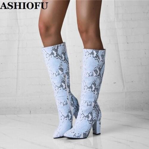 ASHIOFU 2020 New Real Photos Womens Block Heels Boots Faux-snake Leather Party Prom Boots Sexy Evening Club Fashion Boots Shoes