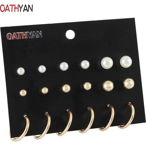 OATHYAN 9 Pairs/set Fashion Womens White Simulated Pearl Stud Earrings Female Metal Round Circle Earring Set Kids Jewelry Gifts