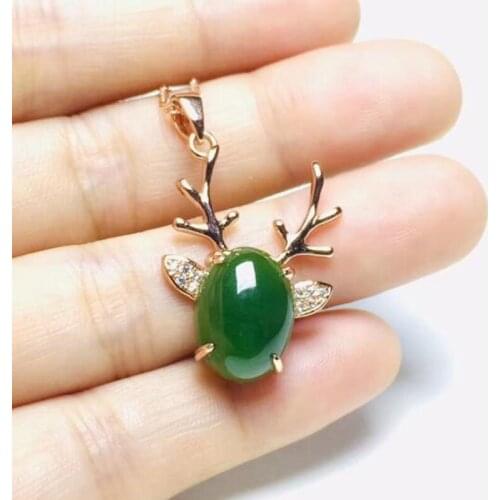 S925 Sterling Silver Natural Hetian Jasper Milu Deer Antlers Gems 8*10mm Water Drop Neck Pendant Necklace For Womens Jewelry
