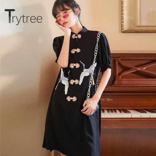 Trytree 2020 Summer Woman Casual Dress Stand Collar Print Loose Dress Fashion Elegant Temperament A-line Mini Office Lady Dress