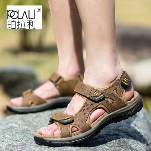 POLALI Summer Sandals Genuine Leather Men Shoes Casual Big Size New Soft Mens Sandals Leisure Beach Shoes Zapatos Hombre