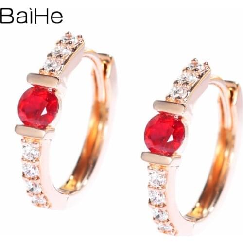 BAIHE Solid 14K Rose Gold 0.20ct Round Natural Ruby серьги Natural Diamond Wedding Women Fine Jewelry Ruby Earrings For Women