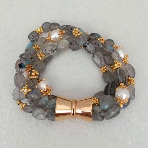 Y·YING Natural Cultured White Rice Freshwater Pearl 4 Strds Freeform LabradoriteBracelet 8.5" magnet clasp handmade for women