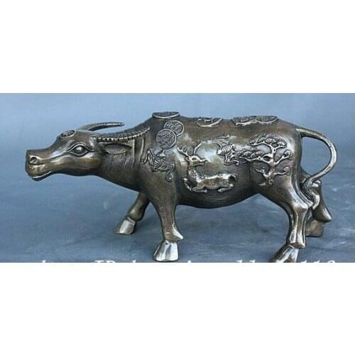 YM 319 9" China Folk Feng Shui Bronze Fu Wealth Coin Deer Carve Zodiac Bull Oxen Statue