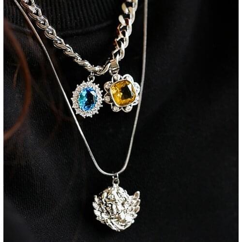 MENGJIQIAO New Arrive Fashion Punk Silver Color Metal Chain Necklaces For Women Girls Square Crystal Pendant Party Jewelry