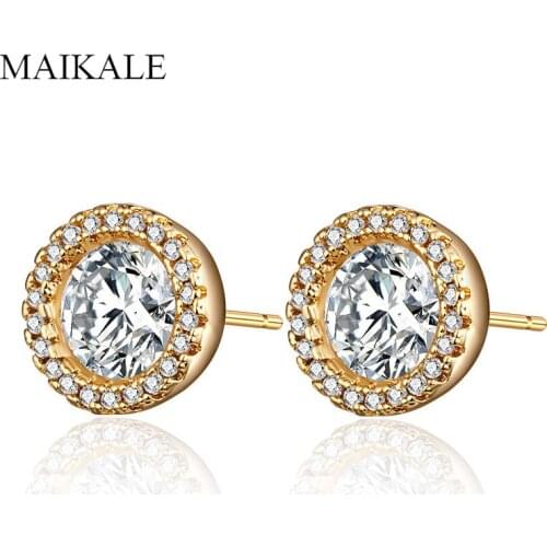 MAIKALE Classic Round Small Stud Earrings for Women Gold Silver Color CZ Ear Studs Zirconia Earrings Fashion Jewelry Accessories